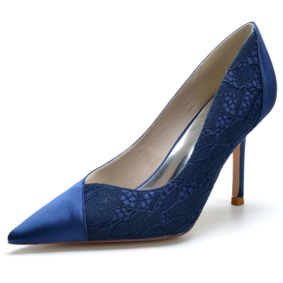 Navy Satin Pointed Toe Stiletto Heel Wedding Pumps with Lace