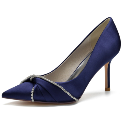 Navy Satin Wedding Shoes Pointed Toe Stiletto Heel Pumps with Bow
