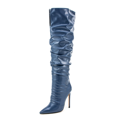 Navy Wrinkle Vague Leather Pointed Toe Stiletto Heel Knee High Boots