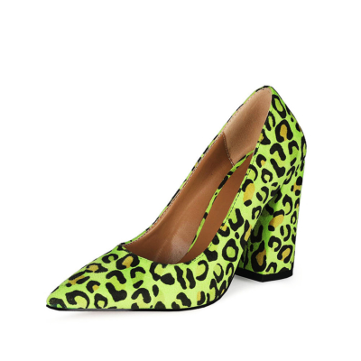 Neon Green Cheetah Printed Slip on Pumps Shoes with 4 inch Chunky Heels