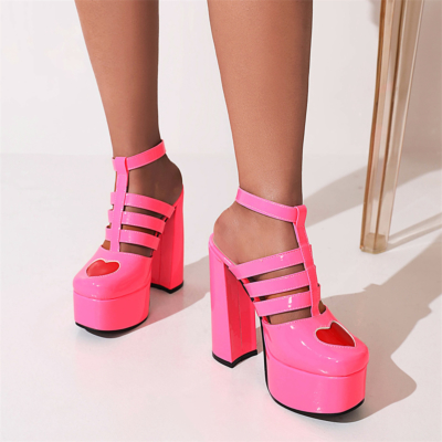 Neon Platform T-Strap Strappy Chunky High Heels Heart Backless Dress Shoes
