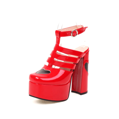Red Platform T-Strap Strappy Chunky High Heels Heart Backless Dress Shoes
