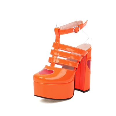 Neon Orange Platform T-Strap Strappy Chunky High Heels Heart Backless Dress Shoes