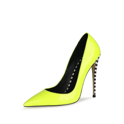 Neon Yellow Heeled Pumps Pointed Toe Dress Shoes with Zebra Print Stiletto Heel