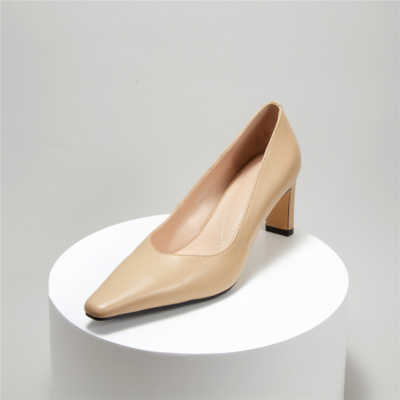 Nude Office Block Heel Leather Pumps Square Toe Court Shoes With Low Vamp