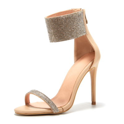 Nude Rhinestone Embellished Stiletto Sandals Heels With Wide Ankle Strap