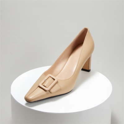 Nude Office Mid Heel Work Shoes Square Toe Buckle Pumps for Women