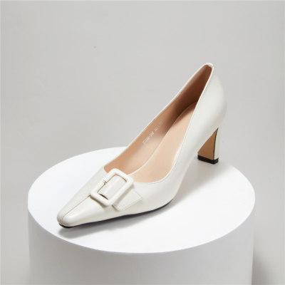 White Office Mid Heel Work Shoes Square Toe Buckle Pumps for Women