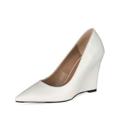 White High Heel Wedge Pumps Closed Toe Slip-on Shoes for Wedding