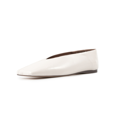 White Oil Leather Square Toe Wide Width Flats V Vamp Comfy Flat For Work