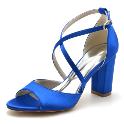 Royal Blue Open Toe Cross Strap Chunky Heel Wedding Sandals Bride Shoes