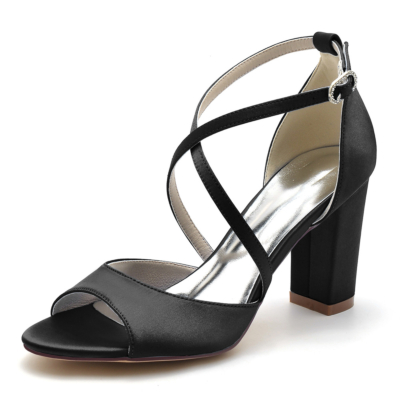 Black Open Toe Cross Strap Chunky Heel Wedding Sandals Bride Shoes