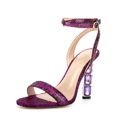 Purple Shining Water Drop Pattern Open Toe Crystal Chunky Heel Ankle Strap Sandals Party Shoes
