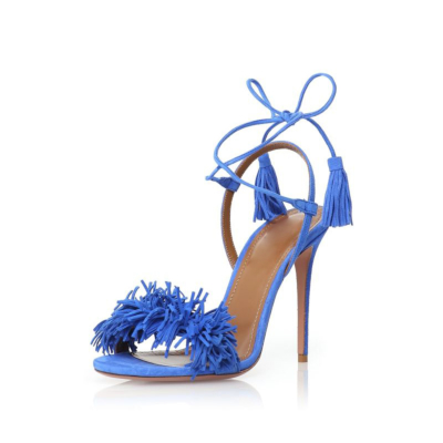 Blue Open Toe Lace Up Stiletto Heels Sandals Fashion Fringe Shoes