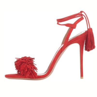 Red Open Toe Lace Up Stiletto Heels Sandals Fashion Fringe Shoes
