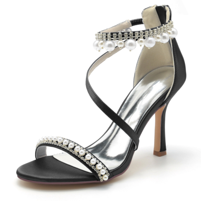 Black Open Toe Pearl and Rhinestone Ankle Strap Sandals Stiletto Heel Wedding Shoes