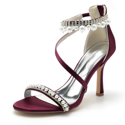 Burgundy Open Toe Pearl and Rhinestone Ankle Strap Sandals Stiletto Heel Wedding Shoes