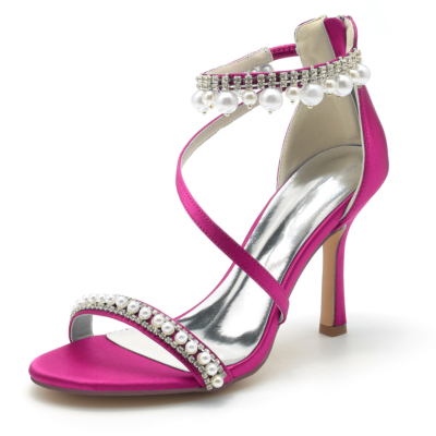 Magenta Open Toe Pearl and Rhinestone Ankle Strap Sandals Stiletto Heel Wedding Shoes