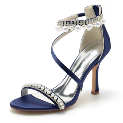Navy Open Toe Pearl and Rhinestone Ankle Strap Sandals Stiletto Heel Wedding Shoes