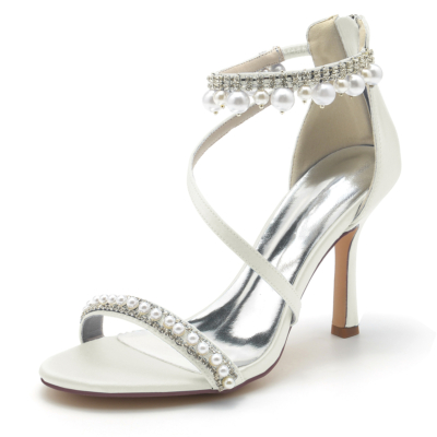 Ivory White Open Toe Pearl and Rhinestone Ankle Strap Sandals Wedding Shoes