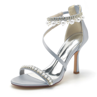 Silver Open Toe Pearl and Rhinestone Ankle Strap Sandals Stiletto Heel Wedding Shoes