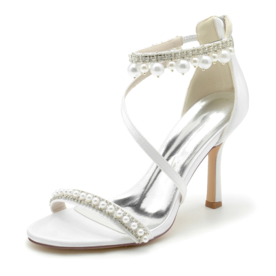 Open Toe Pearl and Rhinestone Ankle Strap Sandals Stiletto Heel Wedding Shoes