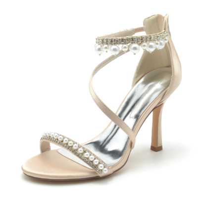 Champange Open Toe Pearl and Rhinestone Ankle Strap Sandals Stiletto Heel Wedding Shoes