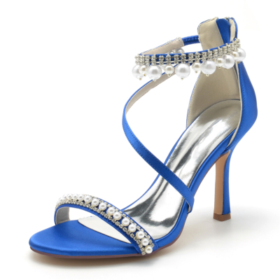 Royal Blue Open Toe Pearl and Rhinestone Ankle Strap Sandals Stiletto Heel Wedding Shoes