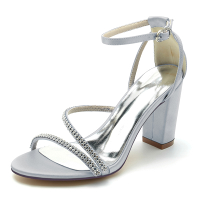 Silver Open Toe Rhinestone Ankle Strap Chunky Heel Satin Wedding Sandals