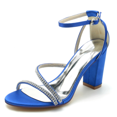 Royal Blue Open Toe Rhinestone Ankle Strap Chunky Heel Satin Wedding Sandals