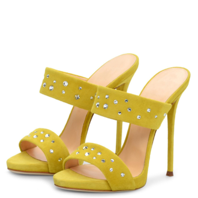 Yellow Suede Open Toe Rhinestone Stiletto Heels Sandals Spring Mules