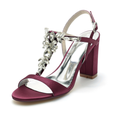 Burgundy Open Toe Rhinestone T Strap Chunky Heel Slingback Sandals Wedding Shoes