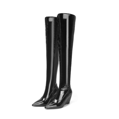 Black Wedge Heels Over The Knee Boots  Shiny Pu Pointed Toe Zip Booties
