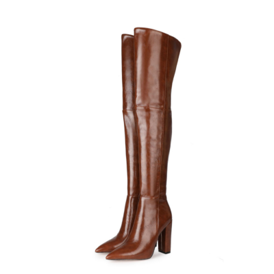 Brown Textured Chunky Heel Pointed Slip-on Work Thigh High Boots