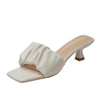 White Padded Sandals Summer Low Heels Slides with Square Toe