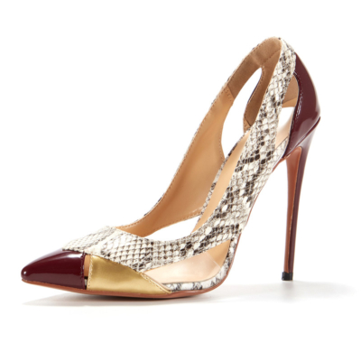 Burgundy Cut Out Slip-on Pumps 5 inch Heels Snake Print Stiletto Shoes with Transparent Strap