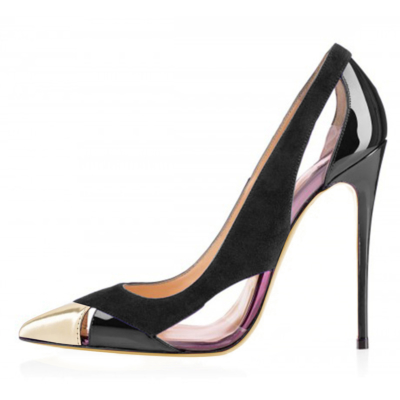 Black Cut Out Slip-on Pumps 5 inch Pointy Toe Heels Stiletto Shoes with Transparent Strap