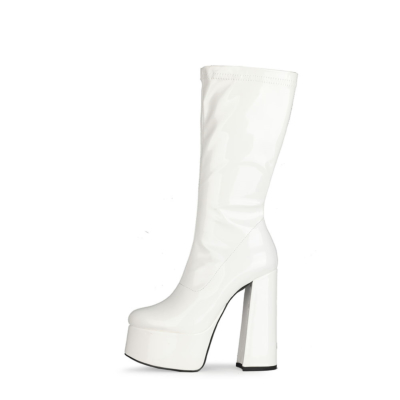 White Patent Leather Minimalist Chunky Heel Round Toe Zipper Boots