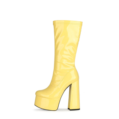 Yellow Patent Leather Minimalist Chunky Heel Round Toe Zipper Boots