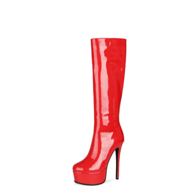 Red Patent Leather Party Stiletto Platform Knee High Boots Dresses Zipper Booties