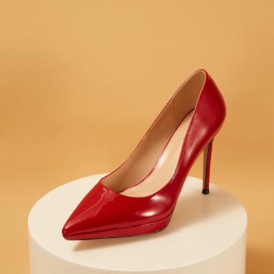 Red Patent Leather Pointed Toe Platform Stiletto Heels Pumps