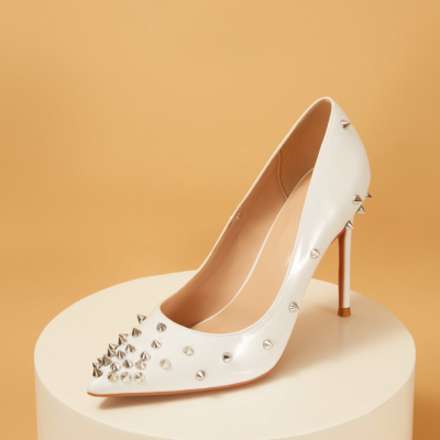 White Patent Leather Pointy Toe Studded Stilettos Pumps