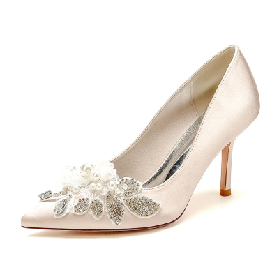 Champagne Pearl and Rhinestone Pointed Toe Stiletto Heel Pumps Wedding Shoes