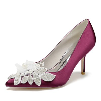 Burgundy Pearl and Rhinestone Pointed Toe Stiletto Heel Pumps Wedding Shoes