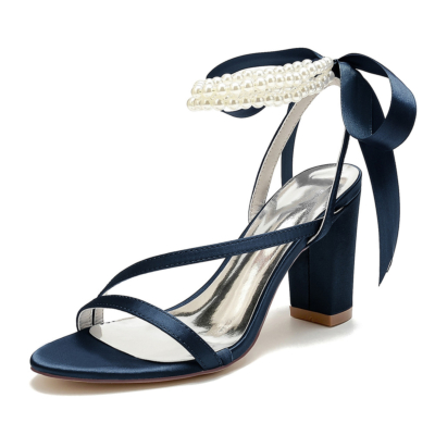Dark Blue Pearl Ankle Strap Sandals Chunky Heels Back Tie Bow Wedding Shoes