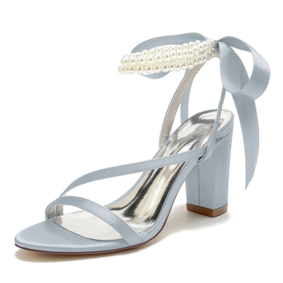 Grey Pearl Ankle Strap Sandals Chunky Heels Back Tie Bow Wedding Shoes