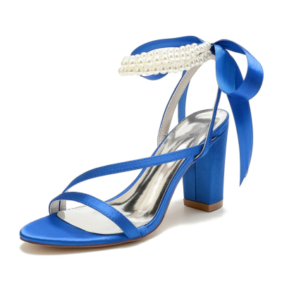 Royal Blue Pearl Ankle Strap Sandals Chunky Heels Back Tie Bow Wedding Shoes