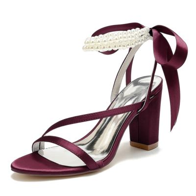 Burgundy Pearl Ankle Strap Sandals Chunky Heels Back Tie Bow Wedding Shoes