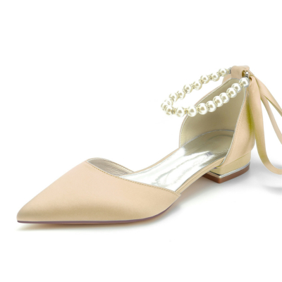 Champage Pearl Ankle Strap Satin Flats Pointed Toe D'orsay Shoes for Work