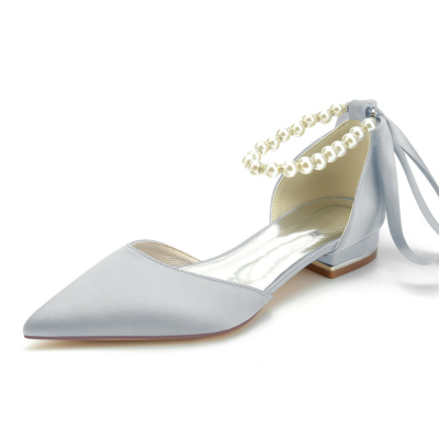 Grey Pearl Ankle Strap Satin Flats Pointed Toe D'orsay Shoes for Work